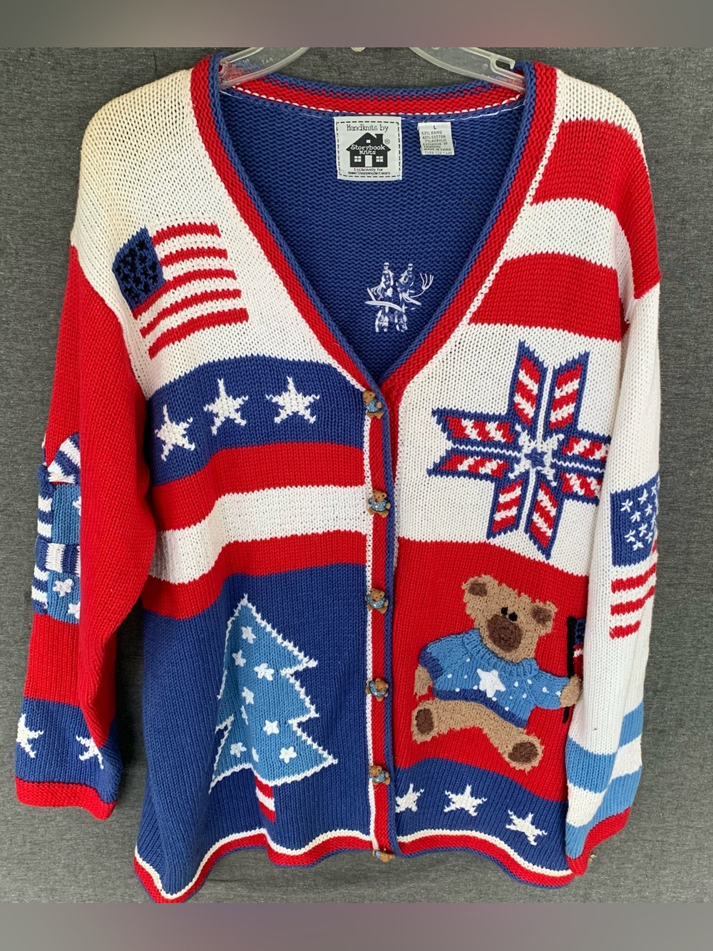 Handknits Storybook Knits Holiday Christmas Teddy Bear Cardigan Sweater Flag L